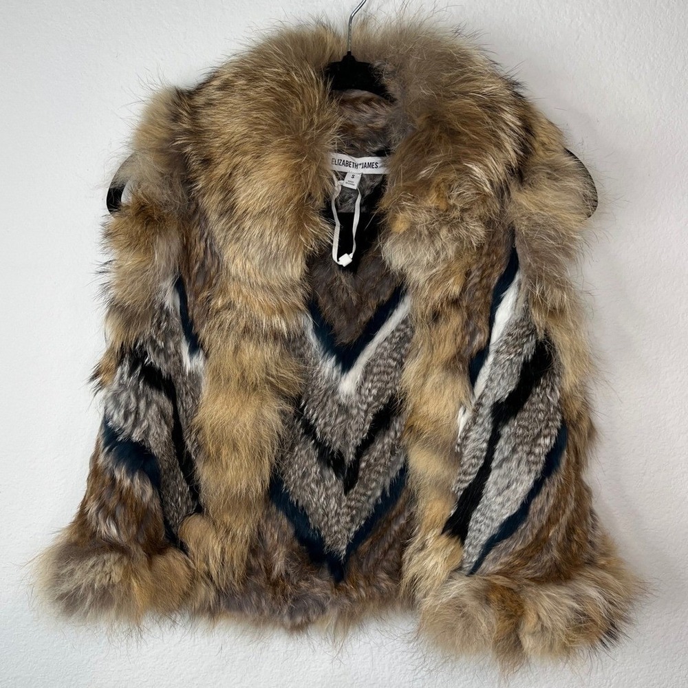 Elizabeth and James Womens Fur Vest Chevron Coyote Rabbit Brown S